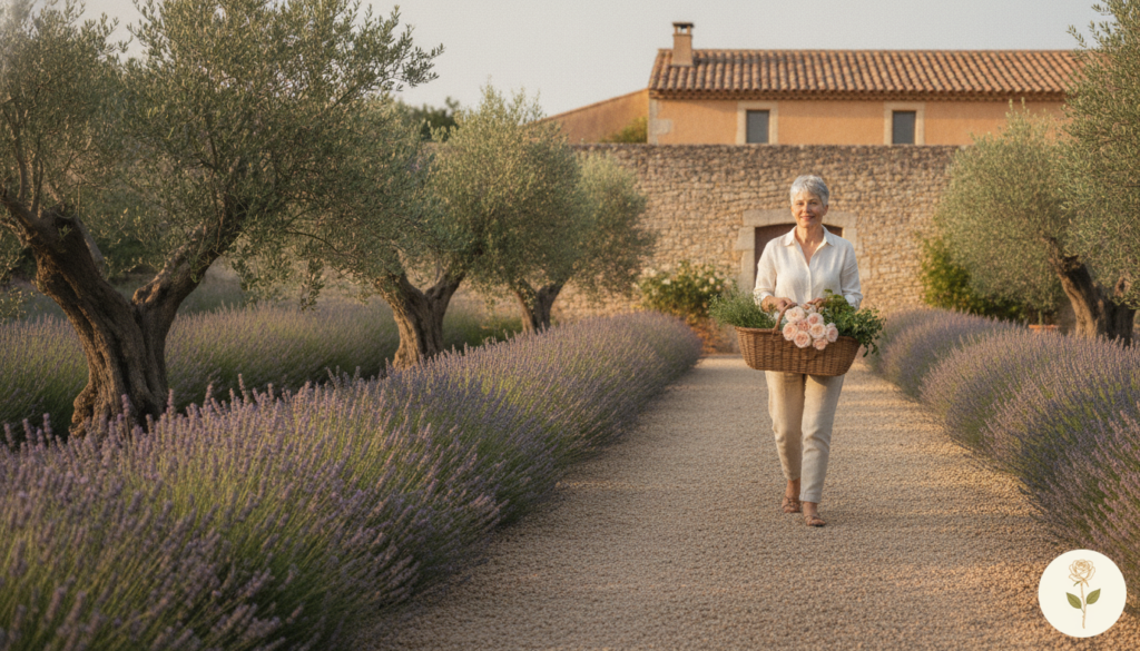 Geneviève dans son jardin de Bonnieux, panier de roses au bras