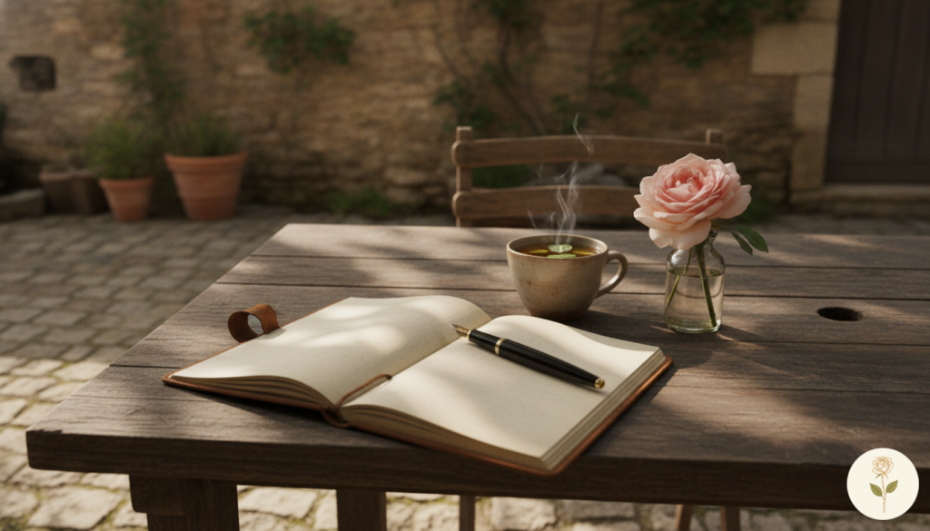 Carnet ouvert et stylo plume dans la cour, une rose pâle dans un petit vase