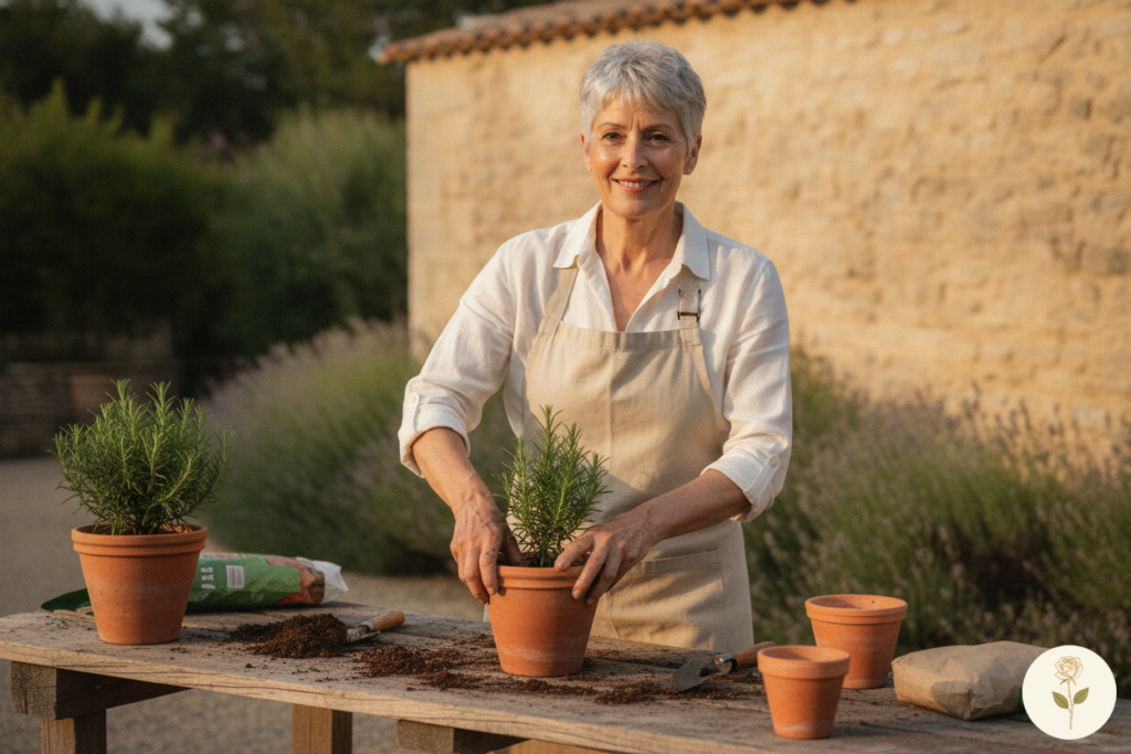 Geneviève rempote un plant de romarin sur son établi